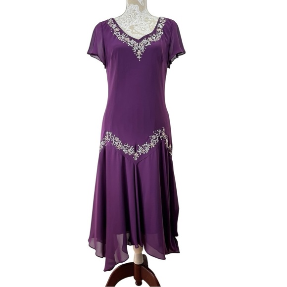 SL Fashions Size 14 Midi Dress Purple Whimsigoth Embroidered Sequin Handkerchief - Picture 1 of 8
